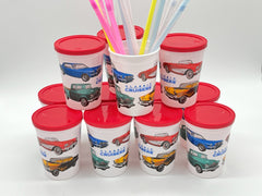 Set of 12 Classic Cars reusable plastic Cups & Color Changing Straws